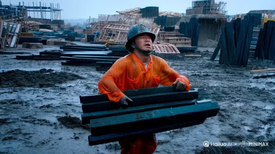 哪吒在工地上干活，穿着橘黄色工人的衣服，戴着头盔，衣服脏兮兮很破烂，扛着钢筋，杂乱工地，落魄的神情，穷困潦倒，天空下着雨，十分疲惫 by Hailuo AI Video Generator
