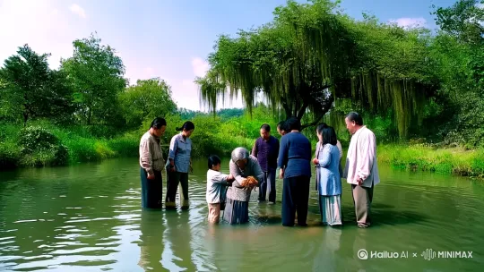 中国农村池塘边有八九个男的、女的、和几个小孩，正向池塘内观看大妈在池塘里找什么，忽然一条大鲨鱼扭动着身体跳出水面，张着大口，咬着大妈冲向天空，大妈在空中用力和鲨鱼搏斗，想不到身体却和鲨鱼一起掉落进池塘里[跟随]，池塘里水花四溅，周边的人们四处散开，一片混乱，图像要高细节，电影品质 by Hailuo AI Video Generator