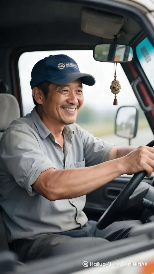 这名男子正在开着大货车，随着道路的颠簸，人也随着上下有起伏。[左移,左摇] by Hailuo AI Video Generator