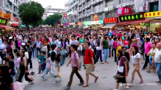 生生成一个武汉江汉路步行街五一节日㳺客人山人海的场景 by Hailuo AI Video Generator