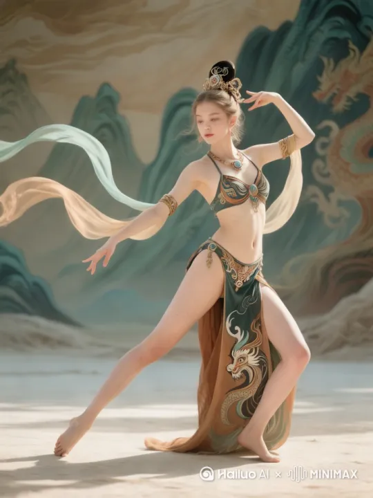 根据姿势生成视频，背景的飘带动起来，女孩凝视镜头，切换到面部特写。 by Hailuo AI Video Generator