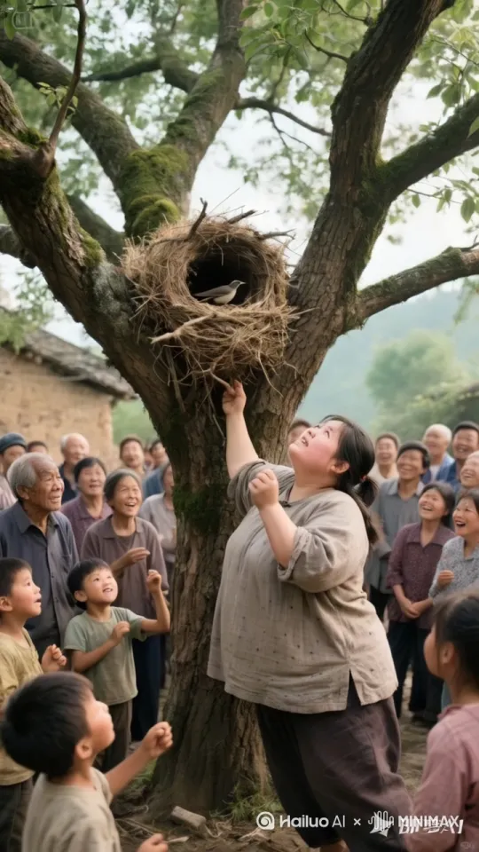 动态跟随，镜头移动，胖妹在抬头看小鸟，小鸟飞起来直接往下扔毛毛虫，扔了好多好多毛毛虫，什么颜色毛毛虫都有，周围人开始撒欢乱跑，胖妹害怕的哇哇大哭，小鸟飞来飞去越来越多的鸟聚集 by Hailuo AI Video Generator