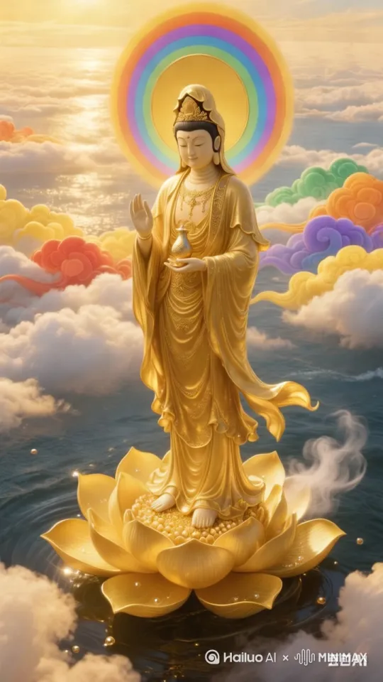 南海观音踏七瓣金莲而立，衣袂随风舒展如流霞织就，慈目低垂间尽是悲悯。足下莲花次第绽放，金蕊凝露，瓣边泛着温润的珠光，与足尖相触处生起袅袅清烟。身后七彩祥云翻涌，赤橙黄绿青蓝紫交织成绮丽云海，似有金光穿透云霭洒落人间。观音左手托净瓶，右手结无畏印，周身萦绕祥和之气，仿佛将慈悲与福泽遍洒寰宇，天地间唯余宁静与庄严。 by Hailuo AI Video Generator