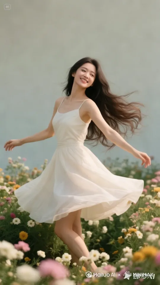 长发美女身穿白色连衣裙，她跳着旋转舞，要求画面背景不动，时长15秒。 by Hailuo AI Video Generator