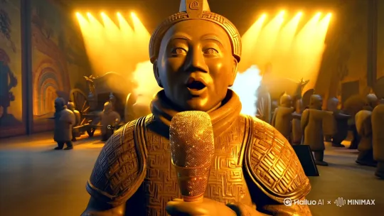 1. 核心设定：  
    角色：兵马俑（面部表情生动，铠甲纹理清晰，略带风化痕迹）。  
   动作：手持镀金话筒，身体随节奏摇摆，口型与歌词同步。  
2. 场景渲染：  
    背景：博物馆展厅，暗金色灯光聚焦，战车后方有烟雾机营造舞台效果。  
   辅助元素：其他兵马俑挥动战旗，地面投射动态音浪波纹。  
3. 风格参数：  
    画风：融合赛博朋克灯光与中国传统壁画色彩，超高清8K分辨率，OC渲染器质感。  
    细节：麦克风反射环境光，铠甲金属磨损做旧，背景虚化突出主体。运镜由远及近再变为[晃动]全景 by Hailuo AI Video Generator