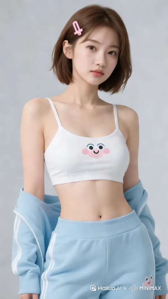 动感十足的街拍短视频，一位时尚女性身着白色细肩带背心与蓝色紧身运动裤，外搭随意披挂的彩色条纹外套，短发俏皮，以粉色发夹点缀。背景为极简主义的浅色调墙面，营造出干净明亮的空间感。女子肢体语言充满活力，随着音乐节奏轻盈跳跃，脸上洋溢着灿烂笑容，眼神妩媚地与镜头互动，尽显自信魅力。衣物上点缀着活泼可爱的卡通图案，增添一抹童趣。流畅的摄像机跟拍捕捉每一个灵动瞬间，轻微的动态模糊效果强化了舞蹈的动感，呈现出青春洋溢的生活态度。中景至全景，跟随舞者移动的拍摄手法。 by Hailuo AI Video Generator