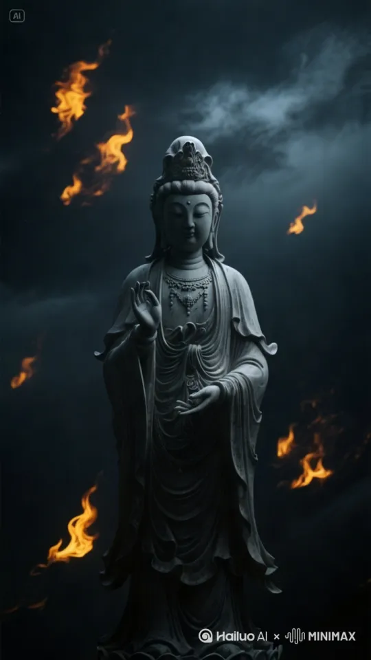 画面渐暗，出现一尊精美的观音菩萨雕像，背景是黑暗的天空，点缀着橙黄色的火焰，营造出一种神秘而庄严的氛围。 by Hailuo AI Video Generator