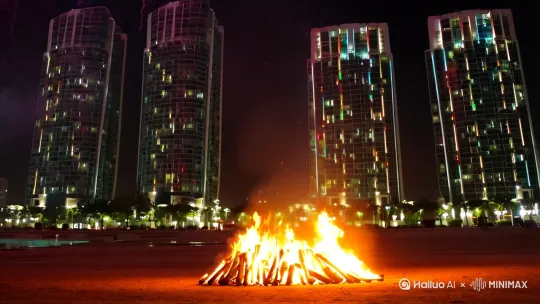 转场：篝火升腾成烟花，绽放在跨年夜的双子塔上空。 by Hailuo AI Video Generator