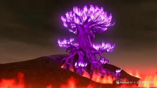 紫焰神木
在一片炽热的火山之地，[推进]生长着紫焰神木。它通体呈现出神秘的紫色[固定镜头]，枝干如同燃烧的火焰般扭曲而充满力量。树叶狭长，边缘闪烁着紫色的火焰光芒。[左移,上摇]

紫焰神木散发着炽热的气息，其周围温度极高，[上升]仿佛是火焰的领地。然而，它却有着神奇的能力，能够将火焰之力转化为纯净的能量，滋养着周围的土地。[拉远]传说，紫焰神木是由火神的精血所化，拥有着强大的火焰之力。在上古时期，它曾帮助神族抵御过黑暗势力的侵袭，其火焰之力让敌人闻风丧胆。[变焦拉远] by Hailuo AI Video Generator