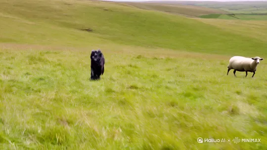 [拉远,晃动,跟随]一条牧羊犬在草原上追赶羊群 by Hailuo AI Video Generator