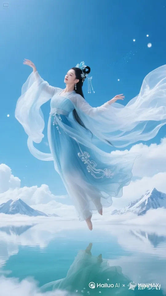 美女悬浮在低空向前飞行。快速向前飞行。都穿越在云海。编辑俯拍捕捉飞行。我跟随。 by Hailuo AI Video Generator