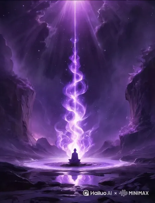 一团紫罗兰色的火焰，熊熊燃烧着，螺旋上升，画面出现流体水墨心经，以书法呈现，一排排发光金色透明心经书法如雨般落下。 by Hailuo AI Video Generator