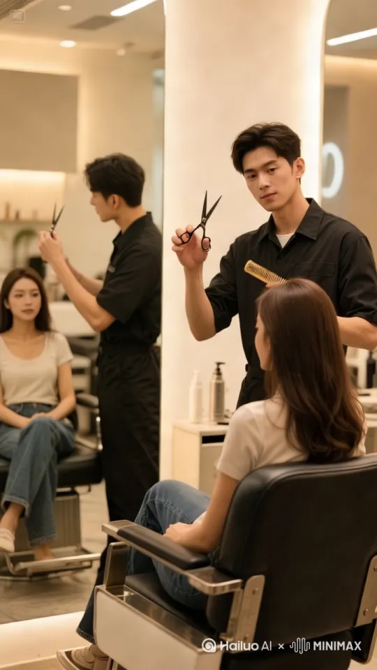 男理发师挥舞剪刀和梳子，飞快的在女人的头发上剪头，速度特别快，头发纷纷扬扬飘在空中，然后掉在地上，女人张大了嘴，然后双手捂脸，最后把手放下，大笑了起来。[左移,推进,右摇] by Hailuo AI Video Generator
