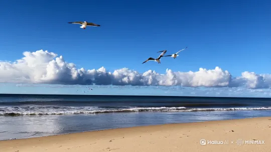 海风轻拂，蓝天白云，海浪微涌，海鸥盘旋，狗儿跟着我在沙滩上追逐，嬉戏 by Hailuo AI Video Generator