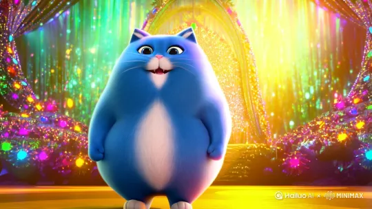一只可爱的蓝色胖猫在舞台上唱歌 by Hailuo AI Video Generator