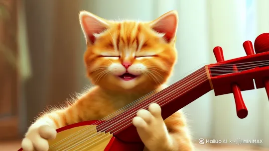 一只黄色的小猫咪，手里弹着琵琶，唱着世上只有妈妈好 by Hailuo AI Video Generator