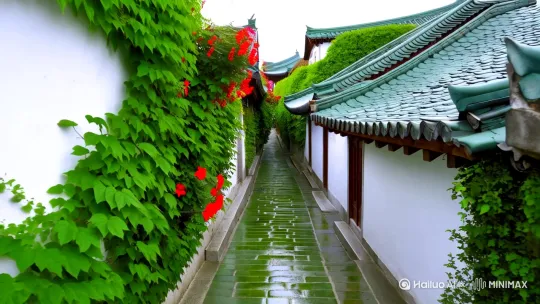 小巷两旁是白墙黛瓦的传统民居，屋顶上覆盖着青瓦，墙壁上爬满了绿色的藤蔓植物，显得生机盎然。巷子中间铺设着青石板路面，雨后的路面显得湿润光滑，反射着微光。画面中还可以看到一些红色的花朵点缀在绿色的植被中，增添了一抹亮丽的色彩。 by Hailuo AI Video Generator