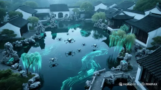 慢镜头展现无人机与机械锦鲤在廊桥下的协同消杀 by Hailuo AI Video Generator