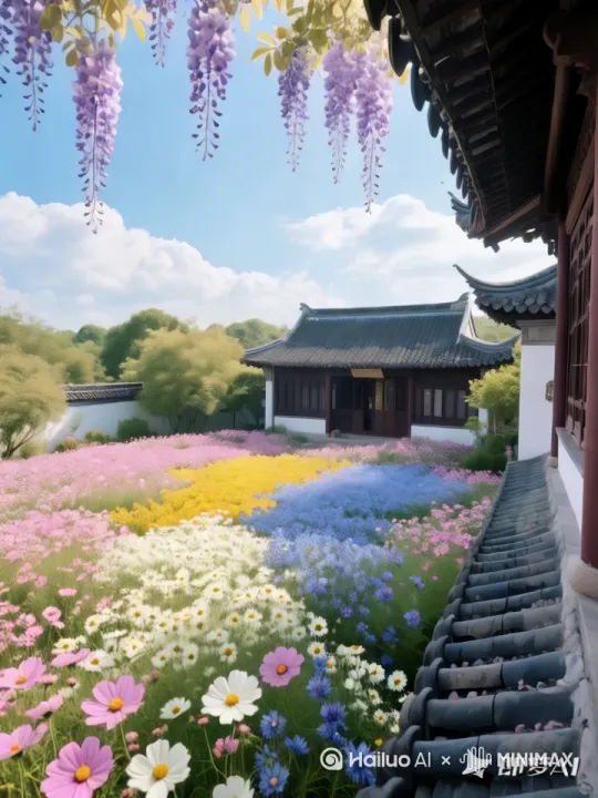 无人机高空俯拍传统中式庭院全景，青瓦屋檐下铺满波斯菊雏菊矢车菊，垂落紫藤萝花穗，，柔和的粉白黄蓝色块自然渐变至远方蓝天白云，浅景深突出花海层次，高饱和度保留花瓣脉络细节，阳光在云层间隙穿透花丛(超高清摄影写实风）。 by Hailuo AI Video Generator