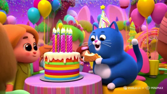 生成一只卡通可爱的蓝色胖猫过生日吃蛋糕吹蜡烛 by Hailuo AI Video Generator