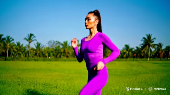 帮我生成亚洲性感美女穿紧身衣表演的视频。一位身材匀称的美女在草地上跑步，身穿紫色紧身瑜伽衣，扎着高马尾，五官精致，身材性感 by Hailuo AI Video Generator