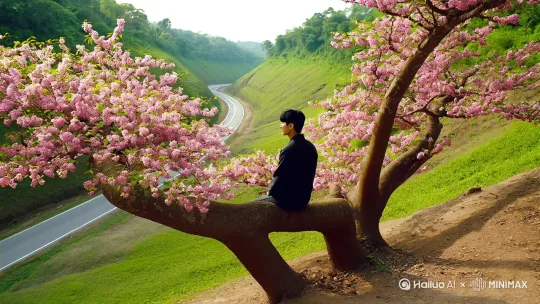 重庆垫江曹回镇平安二村韩家湾浅丘地带,一个u型沟壑的底部的坡上,一棵桐子树满树桐花,该桐树在有一米五的粗,在2米左右发叉成两大主枝,一个帅气的黑发30岁的男子坐在桐树叉上朝u口公路观望,公路离桐树200米远。 by Hailuo AI Video Generator