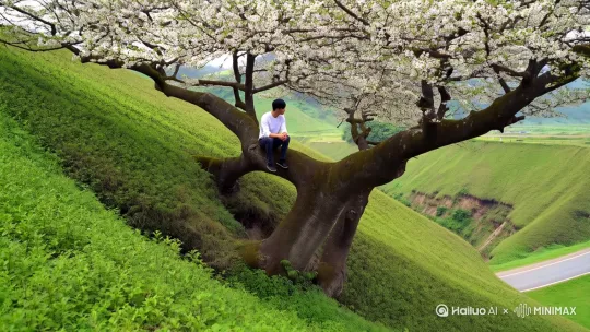 重庆垫江曹回镇平安二村韩家湾浅丘地带,一个u型沟壑的底部的坡上,一棵桐子树满树桐花,该桐树在有一米五的粗,在2米左右发叉成两大主枝,一个帅气的黑发30岁的男子坐在桐树叉上朝u口公路观望,公路离桐树200米远。 by Hailuo AI Video Generator