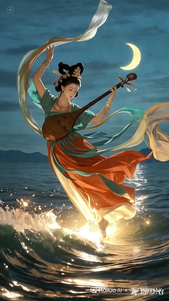 图纸美女旋转，上升，飞向高空，海面波涛起伏，水滴部分随美女跳动。[拉远] by Hailuo AI Video Generator