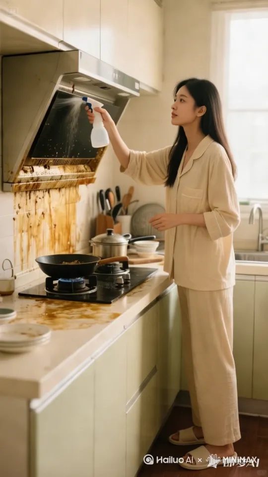 镜头移动，动态跟随，女人手拿喷壶面对抽油烟机进行喷射，泡沫喷射而出，泡沫四溅，泡沫布满整个抽油烟机和灶台，同时女人下了一跳，原地一个后空翻躲避泡沫，一脸的惊讶表情。 by Hailuo AI Video Generator