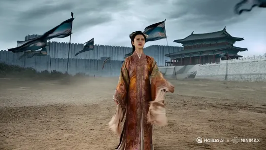 在一片略显萧瑟的古道上,风沙弥漫。画面的中心是一位身姿婀娜却又透着无限哀愁的女子,她便是王昭君。她身着华丽的锦袍,衣袂随风轻轻飘动,那精美的刺绣仿佛都在诉说着往昔的荣耀。
她身后是巍峨的汉宫城墙,城墙上的旗帜在风中猎猎作响,那是她即将永远告别的汉朝象征。城墙之内,隐隐能看到汉皇所在宫殿的飞檐斗拱,仿佛能感受到汉皇那复杂而又无奈的情绪。
昭君微微抬头,望向远方,她的眼眸中噙满了泪水,那是对故乡的不舍,对汉宫生活的眷恋,更有对未知远方的恐惧与迷茫。她的脸庞精致却带着淡淡的忧伤,眉梢眼角都诉说着离别的痛苦。
她的身旁是一群侍从,他们也都面色凝重,手中捧着昭君出塞所需的各种物品。马匹在一旁静静地伫立,马背上的行囊显得有些沉重,就像昭君即将背负的和平使命。
风沙不断地吹打过来,迷乱了众人的视线,却吹不散这一片令人心碎的离别氛围。整个场景充满了凝重、哀伤与无尽的感伤,仿佛时间都在这一刻凝固,只为铭记这伟大而又令人心碎的一幕。 by Hailuo AI Video Generator