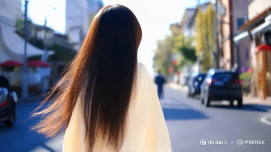 8K高清，凭借大师级构图，漂亮优雅的中国美女走在街头，阳光明媚，长发飘飘，面带微笑转身，露出肩膀，画面主体动态呈现，动作自然流畅，环境光，符合逻辑，极致细节，镜头跟拍，超真实动态捕捉。 by Hailuo AI Video Generator