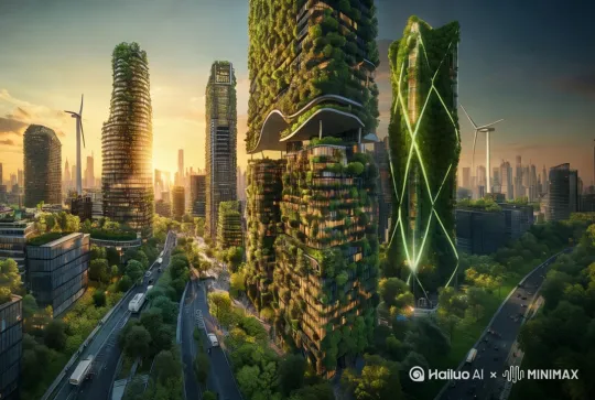 展示未来城市的全景，高楼大厦与绿色植物交织在一起，展现可持续发展的理想生活方式。镜头从高空缓缓俯视，捕捉风力发电机和阳光照耀下的绿色建筑，背景音效包括城市的自然声与和谐的生活气氛。最后定格在一栋生机勃勃的建筑上，象征人类创新与环境和谐共生的成就 by Hailuo AI Video Generator