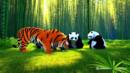 一段30秒以上的。熊猫跟老虎吃饭的视频。 by Hailuo AI Video Generator