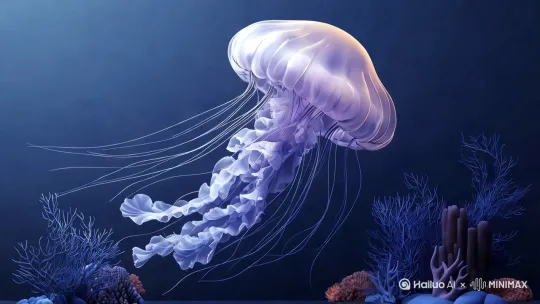 [固定镜头]一只美丽的水母在深蓝色的海洋中优雅缓慢地游动 by Hailuo AI Video Generator