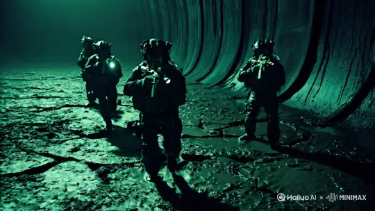 生成长视频，几个特种兵带着循环式呼吸面罩和夜视仪，穿着重型辐射服，在充满污泥和核辐射严重污染的低矮破裂的楼道里，寻找辐射源，拿着带着战术手电的冲锋枪照明搜索，突然遇到变异体的突袭，增援来了，消灭了变异体，并找到了辐射源 by Hailuo AI Video Generator