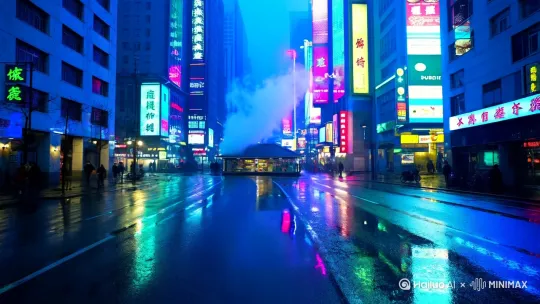 冷青色街道，潮湿柏油路面折射高楼LED广告，远处包子铺蒸腾雾气形成丁达尔光效 by Hailuo AI Video Generator
