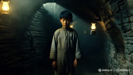 (一个16岁左右的少年，黑色短发，炯炯有神的黑眼睛，身着灰色粗布矿工服), background: 闷热的矿井通道里，秦长生满脸苦涩，挠着头，站在原地，周围是粗糙的石壁和闪烁的矿灯，空气中弥漫着灰尘[变焦推进] by Hailuo AI Video Generator