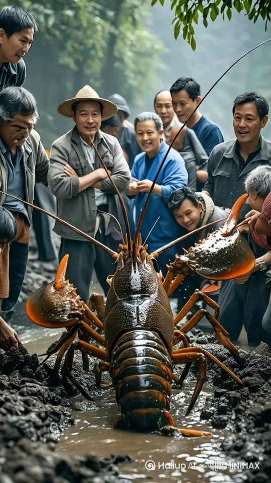图片中的全部人物蜂蛹而上围攻大龙虾，与巨型龙虾展开惊心动魄的激烈搏斗。龙虾挥舞着巨大的钳子，整个身体托马斯旋转，长长的触须犹如长鞭不停的抽打。泥水飞溅，展现出一场充满戏剧性与冲击力的人虾大战。镜头跟随，画面移动。 by Hailuo AI Video Generator