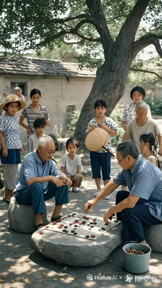 移动跟随动态移动，两人拳风掌影间，镜头突然环绕两人360度旋转，将张大爷“黑虎掏心”的刚猛与李老汉“白蛇吐信”的灵巧尽收画面。[左移,上升]当李老汉借树干反弹使出“鹞子翻身”时，镜头随他腾跃的轨迹攀升，俯视角度下，两人在地面划出的步法痕迹竟暗合太极阴阳鱼纹路，[推进,上升]场边被掌风震落的槐花正纷纷扬扬落在地上 by Hailuo AI Video Generator