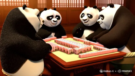 4只熊猫打麻将，并生成丑爷，龙爷，敢爷，滚爷乌拉走起字幕 by Hailuo AI Video Generator