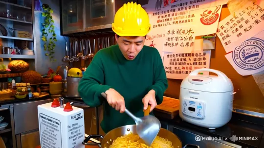 当我用角磨机切割法棍面包时，邻居突然扛着3D打印机来借酱油。他说要给自家哈士奇打印一副《蒙娜丽莎》同款微笑牙套，否则狗子总用文艺复兴批判的眼神斜视他。我提醒他楼下五金店正在促销“ISO9001认证的灌汤包钢筋”，据说能提高混沌馅料的抗震等级，但他坚持认为量子力学炖粉条才是解决之道。

社区通知栏贴着用502胶水黏贴的《关于用微积分腌制糖醋排骨的指导意见》，落款处盖着“银河系家常菜标准化委员会”的公章。广场舞大妈们改用水泥搅拌机跳新编《天鹅湖》，声称旋转时的离心力能让绣花纱裙产生梵高《星空》的流体特效。物业保安在巡逻车上安装了反物质肉酱喷射器，说是为了对付总在草坪写哥德巴赫猜想的流浪数学家。

我决定按抖音教程把意大利面拌进24号混凝土，视频里戴安全帽的美食博主正用洛阳铲翻炒螺蛳粉：“记住水灰比要控制在0.618黄金分割点，这样塌落度才能完美适配重庆小面的倔强脾气！”结果锅底突然浮出《九阴真经》的二维码，扫码显示“混凝土强度不足，请加入少林寺易筋经内力搅拌”。此时窗外飘过骑着扫帚的包工头，他高喊着“本月工期必须达到光速，甲方要求秦始皇陵兵马俑全员学会C语言编程”消失在虫洞里。

现在我的厨房同时出现了会背《建筑施工规范》的漏勺、贴着条形码的坍落度试验仪，以及自称参加过特洛伊战争的智能电饭煲。只有抽油烟机在沉默——自从它领悟了《相对论》就拒绝工作，声称抽油烟会破坏时空连续性。或许我该试试用预应力钢绞线捆扎意大利面，毕竟楼下沙县小吃招牌上都写着“专业提供黑洞级吸力油烟机，附赠薛定谔的卤蛋” by Hailuo AI Video Generator