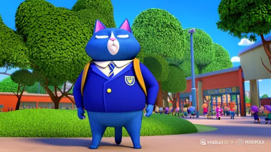 一只蓝色的胖猫在校园门口，穿着蓝色校服，背着沉重的棕黄色书包。美女粉色猫开着一辆电动车车来接蓝色的胖猫回家。 by Hailuo AI Video Generator