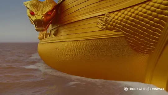 视快切 蔚蓝海面波光中，金色巨舰破浪前行，船头双蛇红宝石眼一闪（快速展现整体震撼感）。 无 史诗交响乐前奏（低沉弦乐起，1秒后接入号角） 海浪撞击声、风声 2秒 
慢动作平移 镜头掠过金蛇浮雕，蛇鳞纹理清晰，一枚金币从甲板滑落，慢镜头展现其表面古老符文。 无 音乐短暂静默，突出金币金属碰撞声+高频震颤声 
紧贴船尾跟拍金色航迹，镜头快速拉升，海面散落的金币在阳光下闪烁成光带。 无 音乐高潮（铜管乐+女声吟唱骤起） 巨浪轰鸣声 3秒 
广角定格 船头金蛇双眼红光爆闪，背景熔金夕阳中，烫金标题《黄金航迹》从船首破浪处浮现。 烫金标题：黄金航迹 重音收束+蛇类低频嘶鸣混响，尾音渐消 3.5秒 by Hailuo AI Video Generator