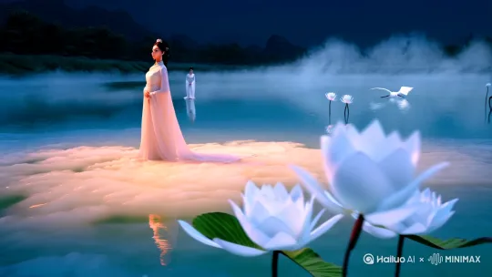 2. 霞姿月韵：出自明·文徵明《题画诗》，如云霞般绚烂，似明月般清雅，用于形容人风姿出众。想象一位在月光下漫步的佳人，“她身姿曼妙，霞姿月韵，宛如从画中走来”。深潭水面清澈透明，白玉质地温润无瑕，水面漂浮着几朵纯白莲花，远处隐约有白鹤展翅飞过，蓝白色调为主，4K超清细节，电影级光影效果，雾气缭绕营造空灵氛围，整体画面传递高洁纯净的意境 by Hailuo AI Video Generator