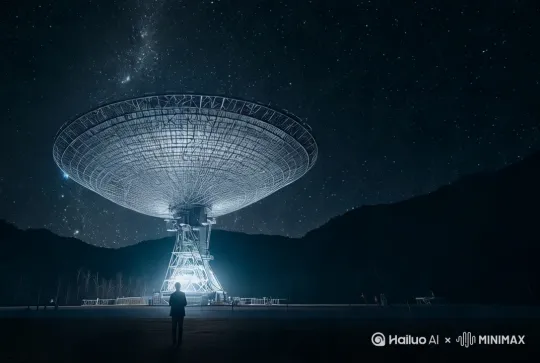 展现星空下巨型射电望远镜的壮丽场景，镜头从远处缓缓拉近，捕捉站立观望的科学家身影。背景星空动态流动，望远镜金属网格微微发光，配合深邃的宇宙音效，最终定格在人与科技融合的震撼瞬间，象征人类探索未知的伟大追求。 by Hailuo AI Video Generator