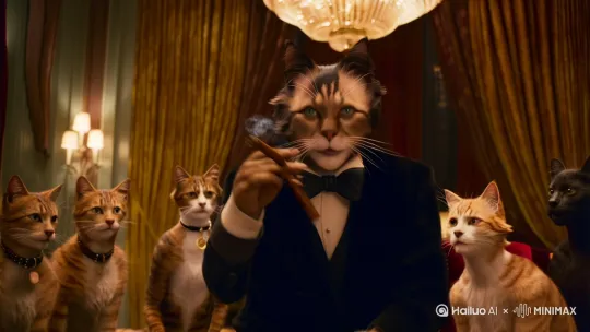 美国七八十年代的黑帮教父，是猫咪，猫咪眼神有威慑力，梳着油背头，手上掐着雪茄，嘴里在高谈阔论给他的手下，要符合电影教父的感觉，注意细节。 by Hailuo AI Video Generator