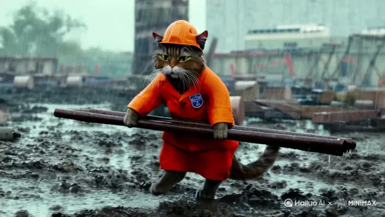 小猫在工地上干活，穿着橘黄色工人的衣服，戴着头盔，衣服脏兮兮很破烂，扛着钢筋，杂乱工地，落魄的神情，穷困潦倒，天空下着雨，十分疲惫 by Hailuo AI Video Generator