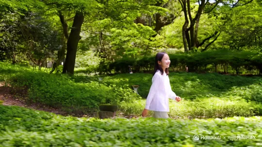 一名18岁的一名18岁的小女孩在公园里散步，一边走一边唱着小曲，我情来非常开心 by Hailuo AI Video Generator