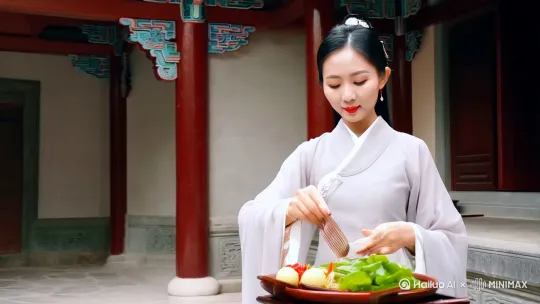 做一个比例16：9的养生视频，一位古装美女微笑着[右移,左摇,跟随]正在古朴典雅的古建筑下做着养生美食 by Hailuo AI Video Generator