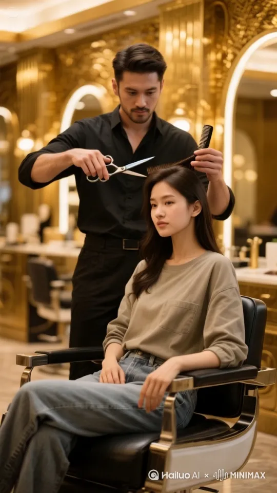男理发师挥舞剪刀和梳子，疯狂的在女人的头发上剪头，速度特别快，快到看不清手，头发纷纷扬扬飘在空中，然后掉在地上，女人张大了嘴，然后双手捂脸，最后把手放下，大笑了起来。荒诞风格，写实主义，越荒诞越好。[左移,上升] by Hailuo AI Video Generator